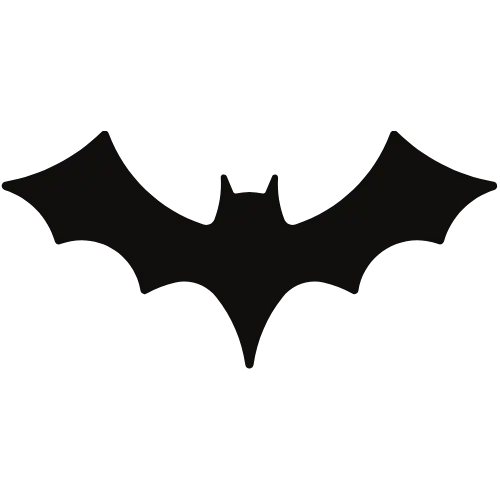 A black silhouette of a bat with outstretched wings on a plain, solid background.