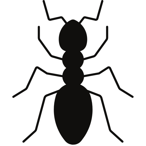 Black silhouette of an ant with six legs, two antennae, and a segmented body on a plain background.