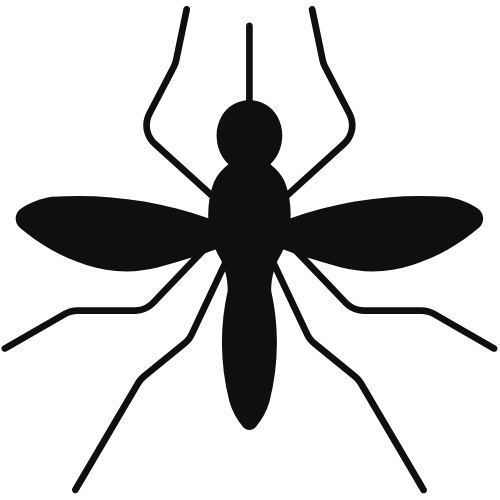 A simple black silhouette of a mosquito with six legs, two wings, and two antennae, shown on a plain background.