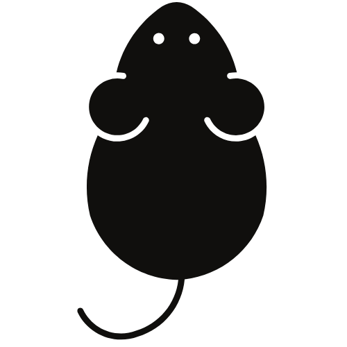 A simple, black silhouette of a mouse viewed from above, showing its round body, two small ears, a long tail, and minimal facial features.
