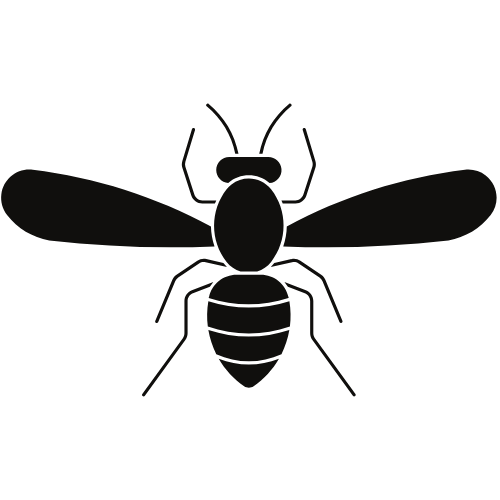 Black silhouette of a bee with outstretched wings, six legs, and visible antennae, displayed on a plain, solid background.