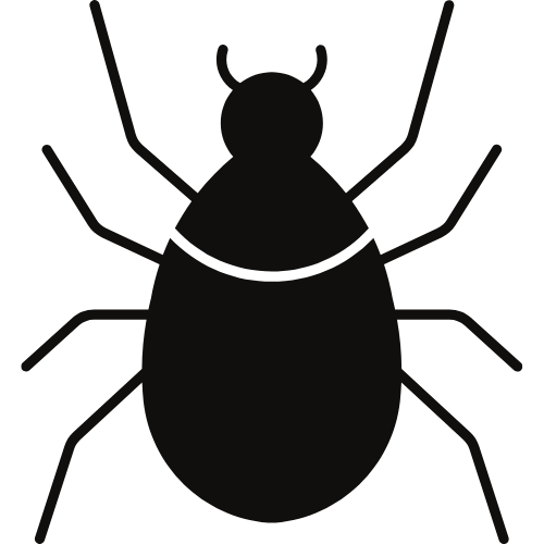 Simple black silhouette of a bug or insect with six legs, two antennae, and an oval body, shown on a plain background.