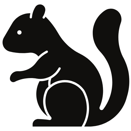 Black silhouette of a squirrel facing left, with a bushy tail curved upwards, one arm raised, and simple rounded shapes outlining its body, head, and ears.