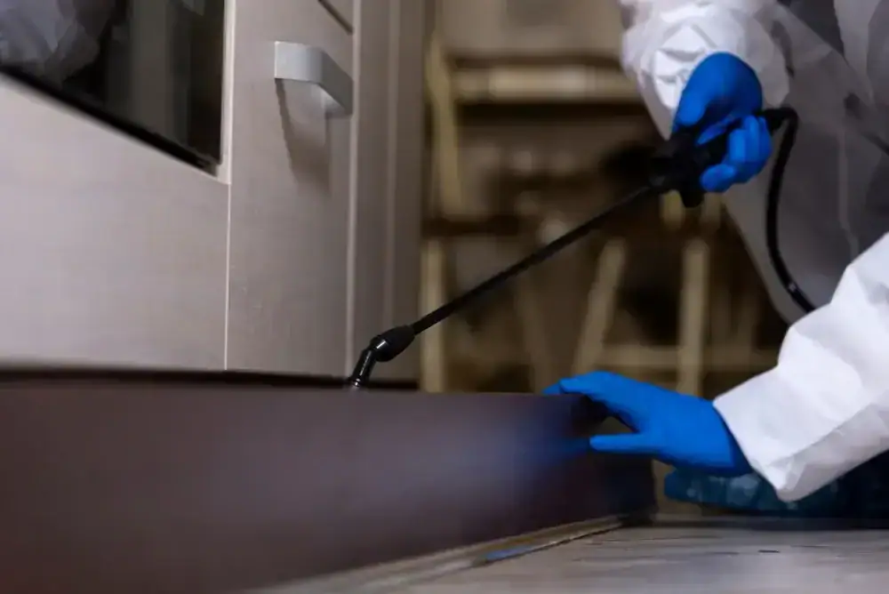 A person wearing blue gloves and a white protective suit sprays pesticide along the baseboard inside a kitchen, suggesting pest control or extermination work.